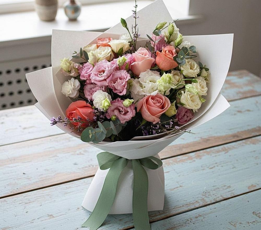 Букет цветов из: Розы, Лизиантусы и Гвоздики в Санчурске